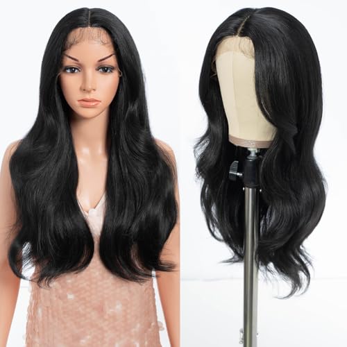 Style Icon Body Wave Lace Front Perücke 24 Zoll lang Schwarz Kleberlos Perücken für Frauen 4 Zoll T Teil Spitze Synthetische Perücke Vorgezupftes Baby Haar (1B) von Style Icon