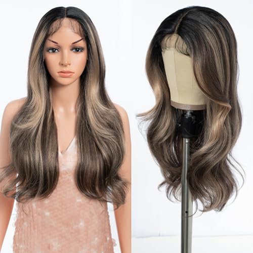 Style Icon Body Wave Lace Front Perücke 24 Zoll lang Braun Highlight Perücken für Frauen 4 Zoll T Teil Spitze Synthetik Perücke Vorgezupftes Baby Haar (NTPDHL 1B/8/26R) von Style Icon