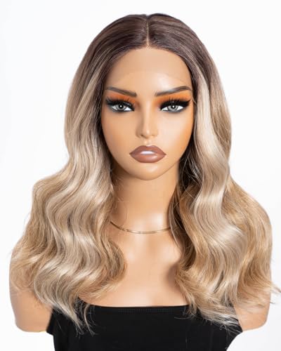 Style Icon Perücke mit Filmansatz 44cm Lace Front Wigs Curly Wellige Perücken für Frauen Mittelscheitel Kunstfaser synthetische Faser 130% Dichte (Blond gemischt) von Style Icon