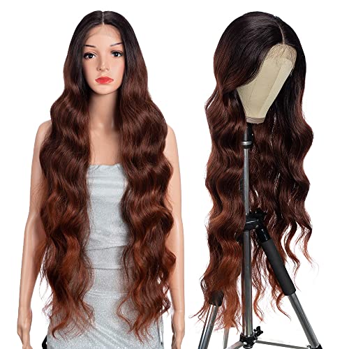 Style Icon Reddish Brown Lange Wellig Perücke Synthetische Lace Front Perücke für Damen 91 cm Super lange Körperwelle Perücke mit Babyhaar 13x5x1 Mittelscheitel Spitze Hitzebeständige Faser von Style Icon