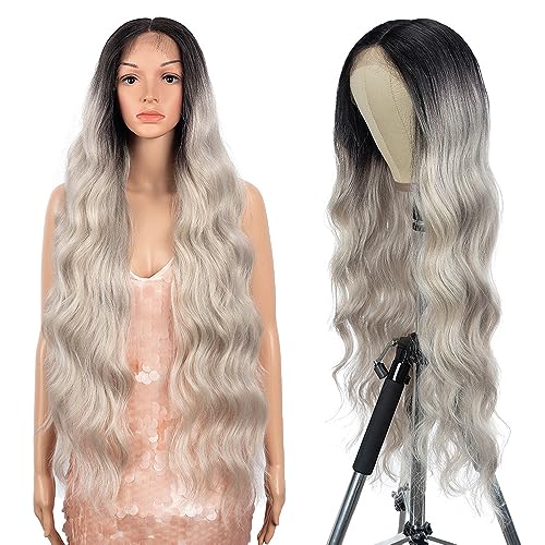 Style Icon Silber Grau Lange Wellig Perücke - Synthetische Lace Front für Damen 91 cm Super Lange Körperwelle mit Babyhaar 13x5x1 Mittelscheitel Spitze Hitzebeständige Faser von Style Icon