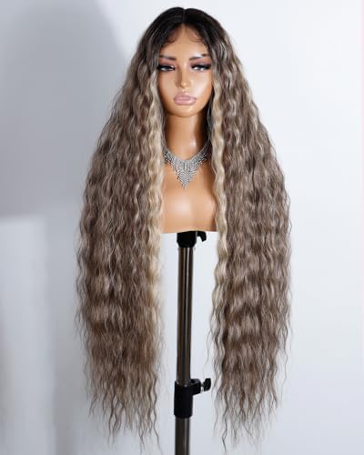 Style Icon Super lange Lace Front Perücke Braun 104 cm lange lockige Perücke Perücke für Damen Super lange gewellte synthetische Spitzenperücke T Part Lace Perücke Hitzebeständige Faser 150% Dichte von Style Icon