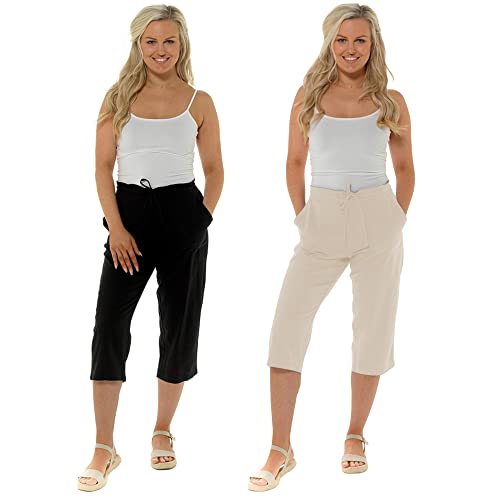 Style It Up Damen-Leinenhose, 3/4-Hose, Sommer, Freizeit, Urlaub, Strand, Chino Gr. 42, Schwarz/Beige - 2 Paar von Style It Up