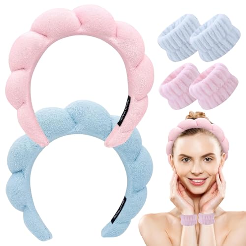 6-teiliges Set mit 2 Spa-Stirnbändern und 4 Armbändern, perfekt für Hautpflege, Gesichtswäsche und Make-up, flauschige, weiche Stirnbänder für Mädchen und Frauen, niedliches Frottee-Schwamm-Stirnband von Style Keepers
