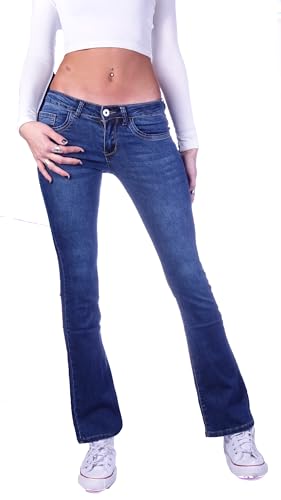 Damen Bootcut Hosen Hüftjeans Jeans Schlagjeans schwarz Schlag-Hose-n Damenjeans Damen-Hose-n Jeans-Hose-n Hüfthose Niedrige-r Leib-Höhe Bund Stretchjeans Stretch Flared Dunkelblau Gr Größe M 38 von Style-Station