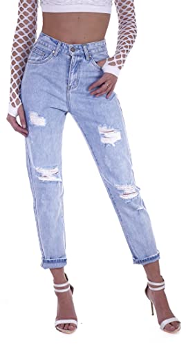 Damen Boyfriend Hose Hüftjeans Jeans Damenjeans blau Boyfriend-Hose-n Damen-Hose-n Jeans-Hose-n Baggyjeans Baggy-Hose-n Girlfriend Knopfleiste Niedrige-r Leib Bund Gr Größe Hell-Blau-e XS 34 von Style-Station