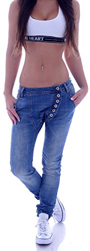 Damen Boyfriend Jeans Boyfriendcut Hose Baggy Haremshose Chino Blau XS 34 S 36 M 38 L 40 XL 42 gr größe size locker lässig niedrig tief knopfleiste boyfriendjeans hosen haremsjeans stretchjeans denim von Style-Station