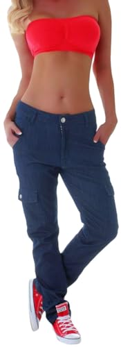 Damen Cargo Jeans Cargohose Baggy Hüftjeans Übergröße Big Size Thermohose Cargojeans (XXL 44 Blau) gr größe size oversize cargos Thermo Winter locker lässig boyfriend hose-n Ziertasche Tasche von Style-Station