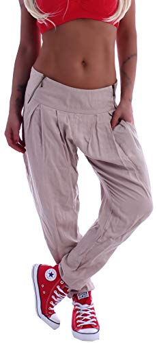 Damen Chino Boyfriend Hüfthose Hose Stoffhose Sommerhose Baggy Harem Chinos (Deutsche S Etikett M, Beige) gr größe Size Haremshose-n Stoff-Hosen Baggyhose-n Sommer locker lässig Relax Boyfriendhose von Style-Station