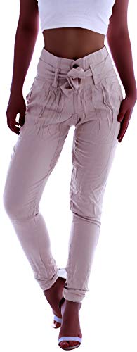 Damen High Waist Business Hose Stoffhose Hochschnitt Paperbag Chino Reiterhose Beige 34 36 38 40 XS S M L gr größe size Hoch schnitt Stoff locker sommer hose-n gürtel knopfleiste chinos reiter lang von Style-Station