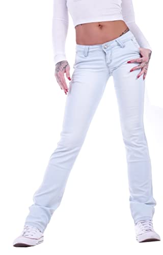 Damen Jeans Gerader Schnitt Straight Leg Hüftjeans Low Waist Blau Batik Damen-Hose-n Jeans-Hose-n Hüft-Hose-n Niedrige-r Leib-Höhe Bund Stretchjeans Stretch-Hose-n Denim Gr Größe Blau-e XS 34 von Style-Station