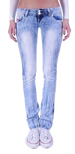 Damen Jeans Gerader Schnitt Straight Leg Hüftjeans Low Waist Blau Batik Damen-Hose-n Jeans-Hose-n Hüft-Hose-n Niedrige-r Leib-Höhe Bund Stretchjeans Stretch-Hose-n Denim Gr Größe Blau-e XXS 32 von Style-Station