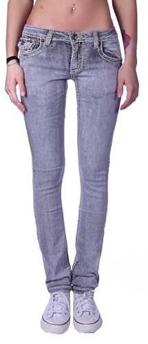 Damen Jeans Gerader Schnitt Straight Leg Hüftjeans Low Waist Blau Batik Damen-Hose-n Jeans-Hose-n Hüft-Hose-n Niedrige-r Leib-Höhe Bund Stretchjeans Stretch-Hose-n Denim Gr Größe Grau 38 von Style-Station