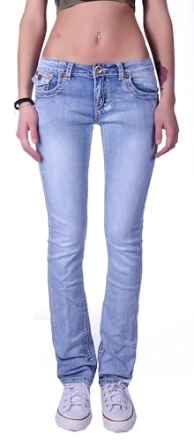 Damen Jeans Gerader Schnitt Straight Leg Hüftjeans Low Waist Blau Batik Damen-Hose-n Jeans-Hose-n Hüft-Hose-n Niedrige-r Leib-Höhe Bund Stretchjeans Stretch-Hose-n Denim Gr Größe Hellblau 40 von Style-Station