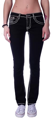 Damen Jeans Gerader Schnitt Straight Leg Hüftjeans Low Waist Blau Batik Damen-Hose-n Jeans-Hose-n Hüft-Hose-n Niedrige-r Leib-Höhe Bund Stretchjeans Stretch-Hose-n Denim Gr Größe Schwarz 40 von Style-Station