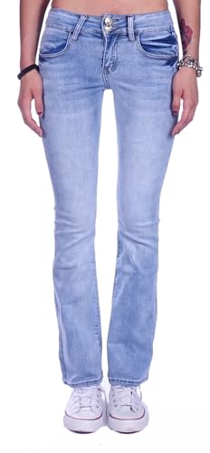 Damen Jeans Gerader Schnitt Straight Leg Hüftjeans Low Waist Blau Batik Damen-Hose-n Jeans-Hose-n Hüft-Hose-n Niedrige-r Leib-Höhe Bund Stretchjeans Stretch-Hose-n Denim Gr Hellblau S 36 von Style-Station