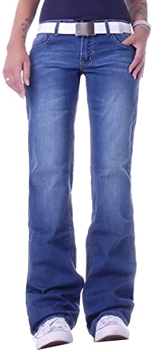 Damen Jeans Gerader Schnitt Straight Leg Hüftjeans Low Waist Damen-Hose-n Jeans-Hose-n Hüft-Hose-n Niedrige-r Leib-Höhe Bund Große Gr Größe-n Big Size Übergröße-n Blau-e XXL 44 von Style-Station