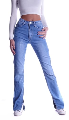 Damen Jeans Schlagjeans High Waist Hochschnitt Bootcut Hoher hohe taillie Hoch-Bund Stretch-Jeans Stretch-Hose-n Schlag-Hose-n Damen-Hose-n Damenjeans-Hose-n Flare-d Gr Größe Wide Leg Blau-e L 40 von Style-Station