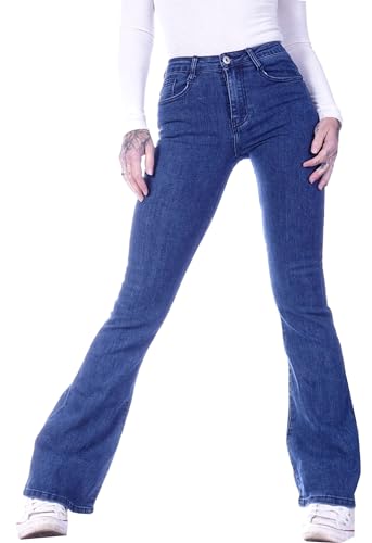 Damen Jeans Schlagjeans High Waist Hochschnitt Bootcut Hoher hohe taillie Hoch-Bund Stretch-Jeans Stretch-Hose-n Schlag-Hose-n Damen-Hose-n Damenjeans-Hose-n Flare-d Gr Größe Wide Leg Blau-e M 38 von Style-Station