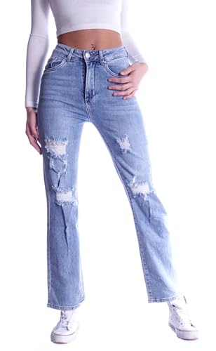 Damen Jeans Schlagjeans High Waist Hochschnitt Bootcut Hoher hohe taillie Hoch-Bund Stretch-Jeans Stretch-Hose-n Schlag-Hose-n Damen-Hose-n Damenjeans-Hose-n Flare-d Gr Größe Wide Leg Ripped L 40 von Style-Station