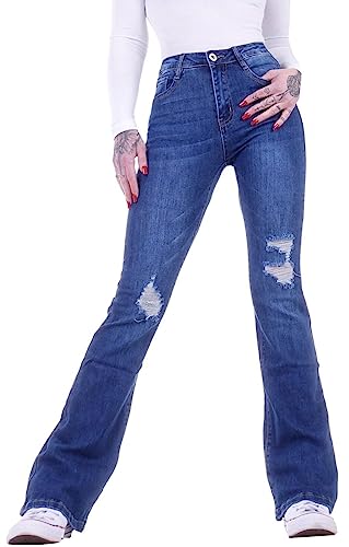 Damen Jeans Schlagjeans High Waist Hochschnitt Bootcut Hoher hohe taillie Hoch-Bund Stretch-Jeans Stretch-Hose-n Schlag-Hose-n Damen-Hose-n Damenjeans-Hose-n Flare-d Gr Größe Wide Leg Ripped XL 42 von Style-Station