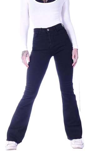 Damen Jeans Schlagjeans High Waist Hochschnitt Bootcut Hoher hohe taillie Hoch-Bund Stretch-Jeans Stretch-Hose-n Schlag-Hose-n Damen-Hose-n Damenjeans-Hose-n Flare-d Gr Größe Wide Leg Schwarz-e L 40 von Style-Station