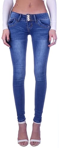 Damen Röhrenjeans Hosen Hüftjeans Jeans blau Damenjeans Damen-Hose-n Jeans-Hose-n Röhre-n Low-Waist Niedrige-r Leib-Höhe Bund Stretchjeans Stretch-Hose-n Skinny Hell-blau-e Gr Größe Dunkelblau XXS 32 von Style-Station