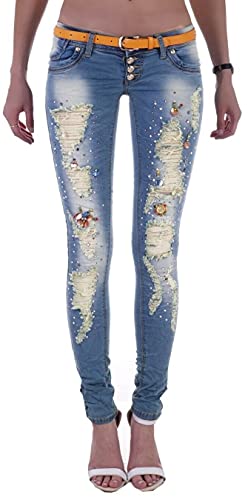 Damen Röhrenjeans Hosen Hüftjeans Jeans blau Damenjeans Damen-Hose-n Jeans-Hose-n Röhre-n Low-Waist Niedrige-r Leib-Höhe Bund Stretchjeans Stretch-Hose-n Skinny Hell-blau-e Gr Größe Dunkelblau XL 42 von Style-Station