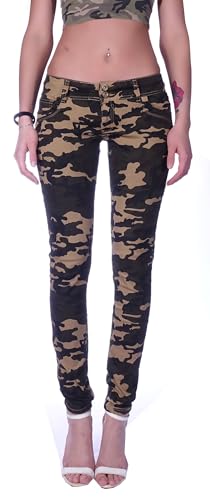 Damen Röhrenjeans Hosen Skinny Hüftjeans Jeans schwarz Damenjeans Damen-Hose-n Jeans-Hose-n Röhre-n Hüft-Hose-n Niedrige-r Leib-Höhe Bund Stretchjeans Stretch-Hose-n Camouflage Army XL 42 von Style-Station