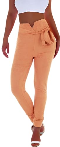 Damen Skinny Hose Jeans Wildleder-Optik High Waist Stoffhose Stretch Wildlederhose Velours Gürtel (S 36, Camel) gr größe Size Hose-n hohe-r Taille Bund Stretchhose-n Business Fein-e Eng Lang von Style-Station