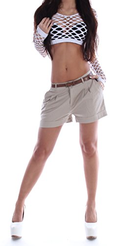 Damen Stoff Hotpants Shorts Shorty Chino Stoffhose Beige Braun XS 34 36 S 38 M 40 L XL 42 gr größe Size tief eng kurz Stoffhose Hosen Sommer niedrig Slim mini knöpfe Taschen Kurze Short Panty von Style-Station