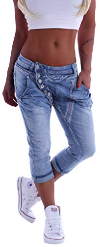 Mozzaar Damen Boyfriend Jeans Baggy Haremshose Caprihose Bermudas Kurz XS 34 S 36 M 38 L 40 XL 42 Blau Schwarz gr größe size Capri Hose-n sommerhose hüftjeans jeanshose-n boyfriendjeans stretch-hose-n von Style-Station