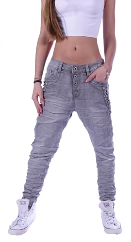 Style-Station Damen Boyfriend Hose Hüftjeans Jeans Damenjeans Boyfriend-Hose-n Damenhose Jeanshose Baggyjeans Baggy Girlfriend Knopfleiste Niedrige-r Leib Bund Gr Größe Grau S 36 von Style-Station