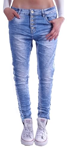 Style-Station Damen Boyfriend Hose Hüftjeans Jeans Damenjeans Boyfriend-Hose-n Damenhose Jeanshose Baggyjeans Baggy Girlfriend Knopfleiste Niedrige-r Leib Bund Gr Größe Hellblau-e XS 34 von Style-Station