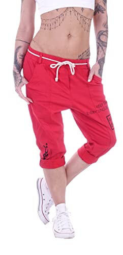 Style-Station Damen Sweatpants Shorts Hose Jogpants verschidene Farben Stoff-Hose-n Pants Short Shorty Sport-Hose-n Baggy Kurz-e Lauf-Hose-n Locker-e Sommer One Size Gr Größe XS 34 S 36 M 38 Rot-e von Style-Station