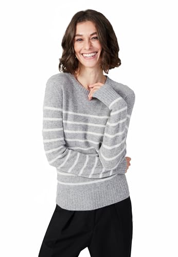 Style & Republic Kaschmir Pullover-Damen elegant aus 100% Cashmere - Dein kuscheliger Premium Strickpullover für stilvolle Herbst- & Winter-Momente - Grey White Stripes L von Style & Republic