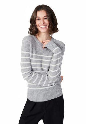 Style & Republic Kaschmir Pullover-Damen elegant aus 100% Cashmere - Dein kuscheliger Premium Strickpullover für stilvolle Herbst- & Winter-Momente - Grey White Stripes M von Style & Republic