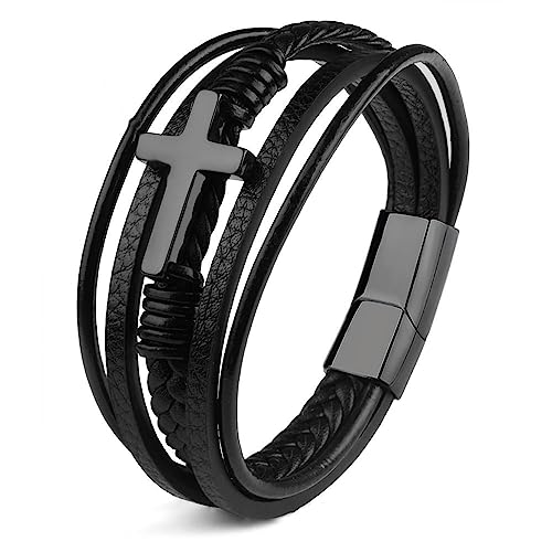 StyleJella Leder-Wickelarmbänder für Frauen mit Edelstahl-Kreuz und doppeltem Charm-Anhänger, trendige mehrschichtige Manschetten-Armreif-Armbänder mit Link, Kabel und Perlenkette, perfekte Geschenke von StyleJella