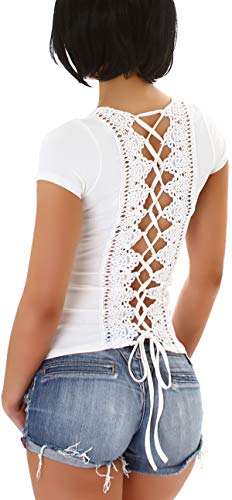 Stil Licht Eins Jela London Damen Sexy Sommer T-Shirt Schnürung Corsage Party Clubwear Feiner RIP Stretch Kurzarm Rückenfrei Häkelspitze, Weiß 14 M von StyleLightOne