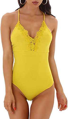 StyleLightOne Damen Body Spaghettiträger Spitze V-Ausschnitt Bodycon, Gelb, 38 von StyleLightOne