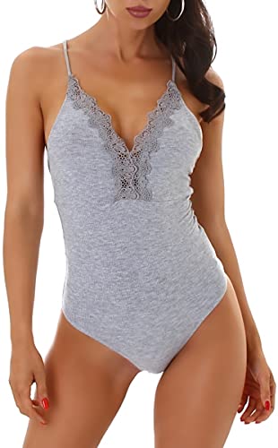StyleLightOne Damen Body Spaghettiträger Spitze V-Ausschnitt Bodycon, Grau, 38 von StyleLightOne