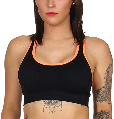 StyleLightOne Damen Crop-Top Sport-BH Kompression Fitness Sommer bauchfrei atmungsaktiv Push-Up Yoga Workout Pads, Schwarz Neon Orange 32 34 36 von StyleLightOne