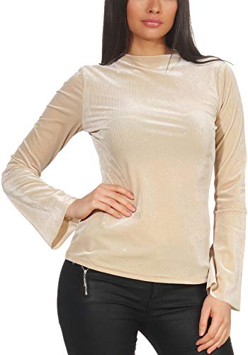 StyleLightOne Damen Dünner Glitzer-Pullover Sweatshirt Langarm Shirt Schlag-Ärmel Stretch Clubwear Party, Beige M von StyleLightOne