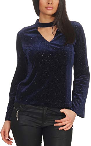 StyleLightOne Damen Dünner Glitzer-Pullover Sweatshirt Schlag-Ärmel Halsband V-Ausschnitt Stretch Clubwear Party, Blau L von StyleLightOne