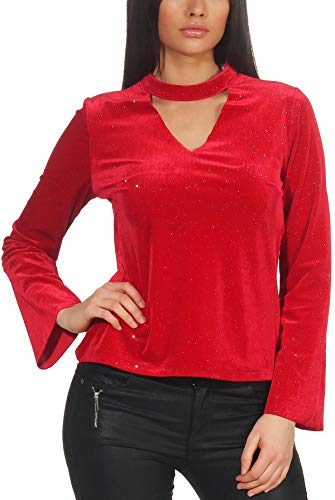 StyleLightOne Damen Dünner Glitzer-Pullover Sweatshirt Schlag-Ärmel Halsband V-Ausschnitt Stretch Clubwear Party, Rot M von StyleLightOne