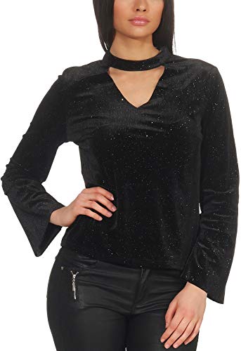StyleLightOne Damen Dünner Glitzer-Pullover Sweatshirt Schlag-Ärmel Halsband V-Ausschnitt Stretch Clubwear Party, Schwarz L von StyleLightOne