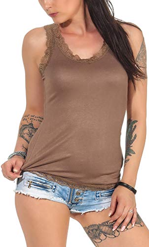StyleLightOne Damen Träger Tank Top dünn mit Spitze Stretch Basic leicht transparent, Braun 40-42 (M) von StyleLightOne