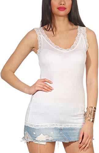 StyleLightOne Damen Träger Tank Top dünn mit Spitze Stretch Basic leicht transparent, Creme Warmweiß 36-38 (S) von StyleLightOne