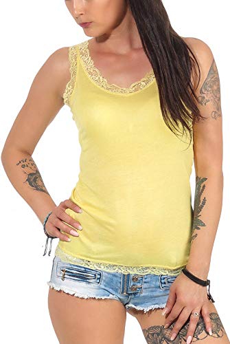 StyleLightOne Damen Träger Tank Top dünn mit Spitze Stretch Basic leicht transparent, Gelb 40-42 (M) von StyleLightOne