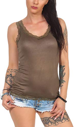 StyleLightOne Damen Träger Tank Top dünn mit Spitze Stretch Basic leicht transparent, Olivgrün 40-42 (M) von StyleLightOne